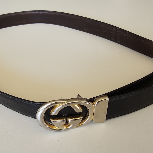 Gucci Vintage Leather Reversible Belt Gold Logo Buckle 70s 80s Black Brown - Picture 1 of 10